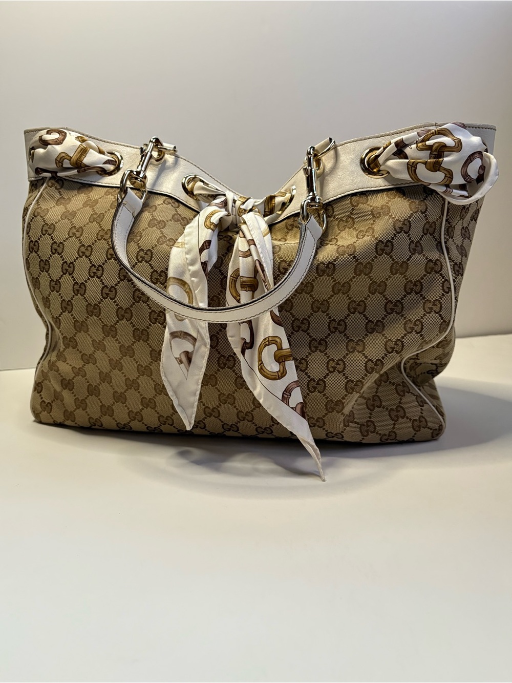 Gucci monogram tote bag with silk scarf